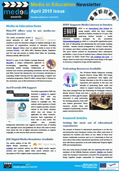Front page of April edition of Media in Education Newsletter