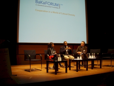 Jacqui Hlongwane-Papo, SABC South Africa, Adze Ugah, South Africa and Markus Nikel, RAI, Italy at the start of the BaKaFORUM